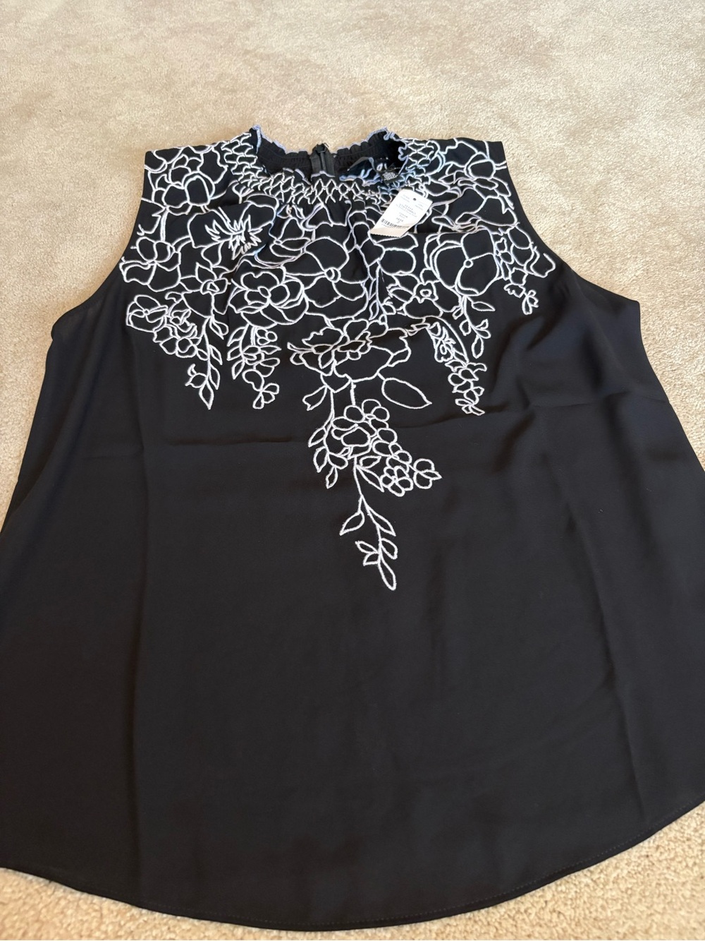 White House Black Market Black Sleeveless Top with White Floral Outline